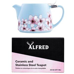NIB Alfred Ceramic and Stainless‎ Steel White Pink Cherry Blossom Blue Teapot